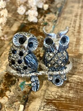 Double Owl Ring with Black Accents Silver Tone